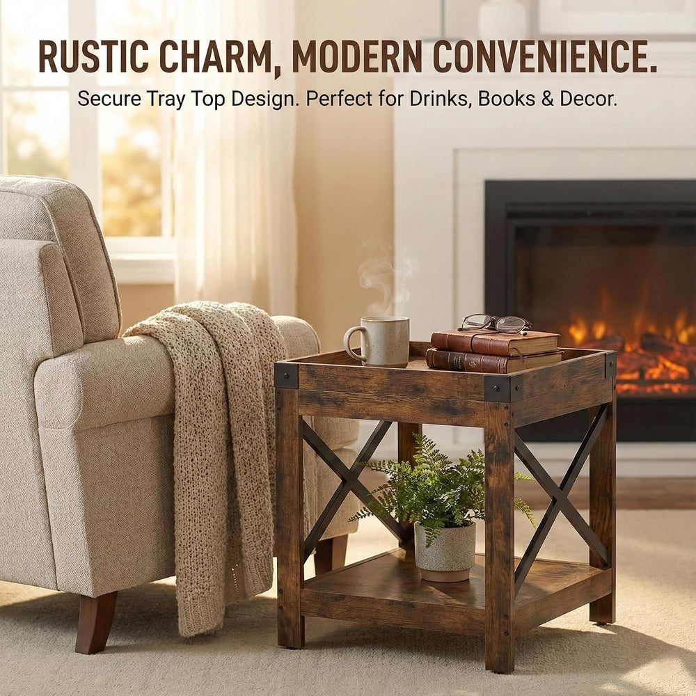 Farmhouse Square Side Table with Open Storage Shelves, Large End Table Modern...