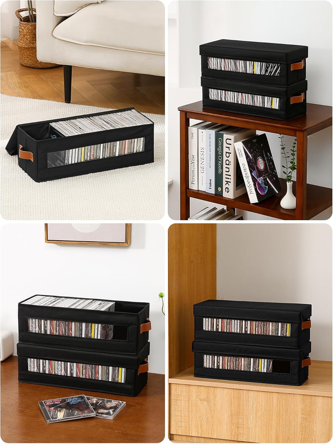 4 Packs CD Storage Box with Visible Window, Stackable CD Case Holder with Dustproof Lid and Handles, Holds Up to 148 CDs in Full Jewel Cases-15.75 x 6.10 x 5.31 Inches-Black