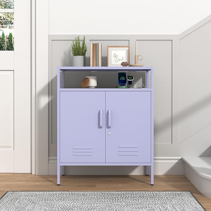 Multifunctional Lockable Storage Cabinet, 3-Tier Side Cabinet with Power Strip & USB Ports, Adjustable Shelf, for Living Room, Home, Office, Purple 33" H X 29.5" W X 13.8" D