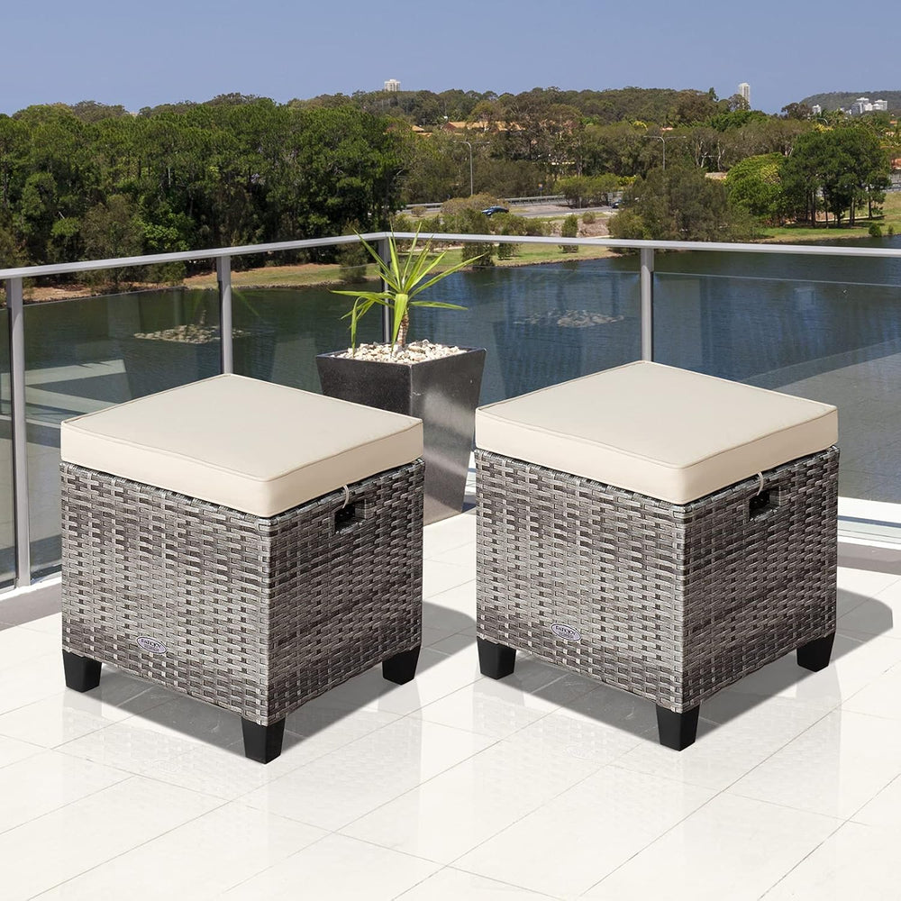 LDAILY Moccha 2 Pieces Patio Outdoor Ottoman, All Weather Rattan Patio Ottoma...