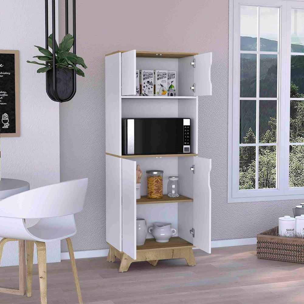 Microwave Tall Cabinet with Double Doors and Countertop - Light Oak/White | D...