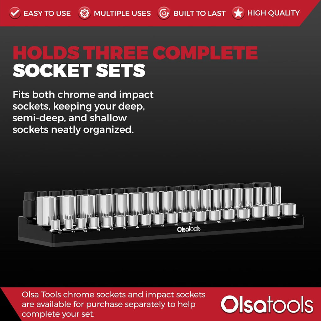Olsa Tools Magnetic Socket Organizer (1/2-Inch Drive, 3 Row) - Magnetic Tool Organizer & Socket Holder - Tool Box Socket Organizers - Metric Black - Holds 54 Sockets - Professional Grade - Part: 1552