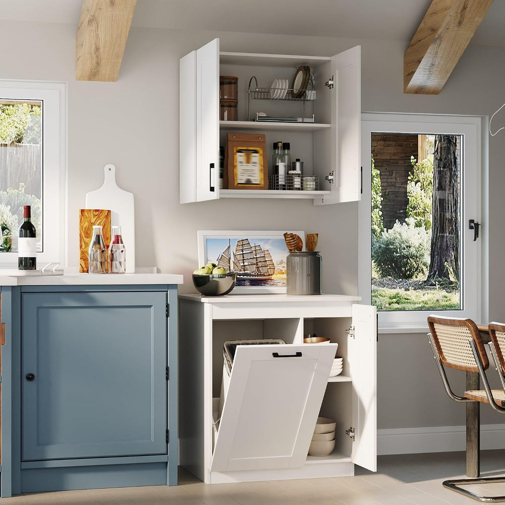 Timechee White Modern Kitchen Pantry Storage Cabinet with Wall Cupboard Set, ...