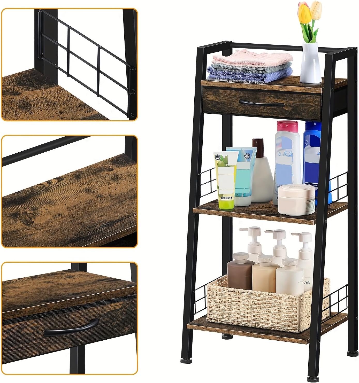 3-Tier Bathroom Ladder Shelf with Drawer, Bathroom Floor Storage Shelf, Freestanding Tower Shelf Ladder Bookshelf for Living Room, Bedroom