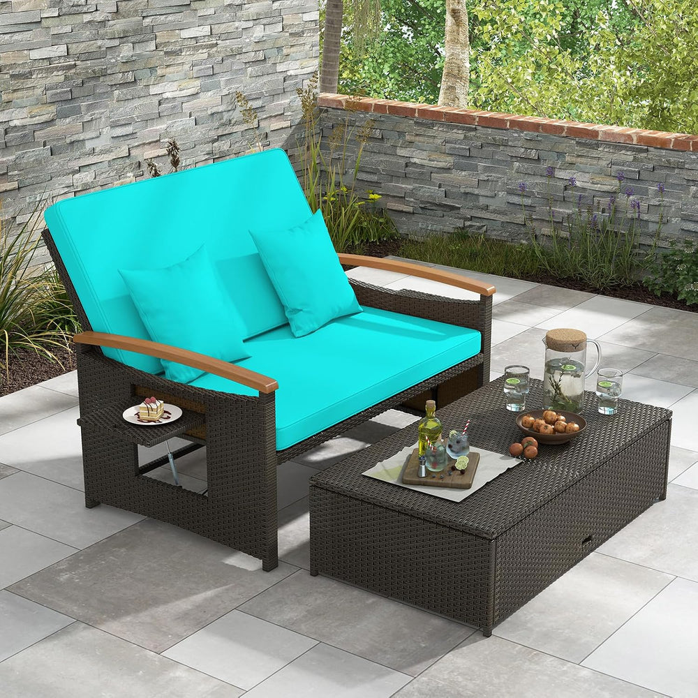 Moccha Outdoor Wicker Daybed, Patio Rattan Loveseat Sofa w/ 4-Level Adjustabl...