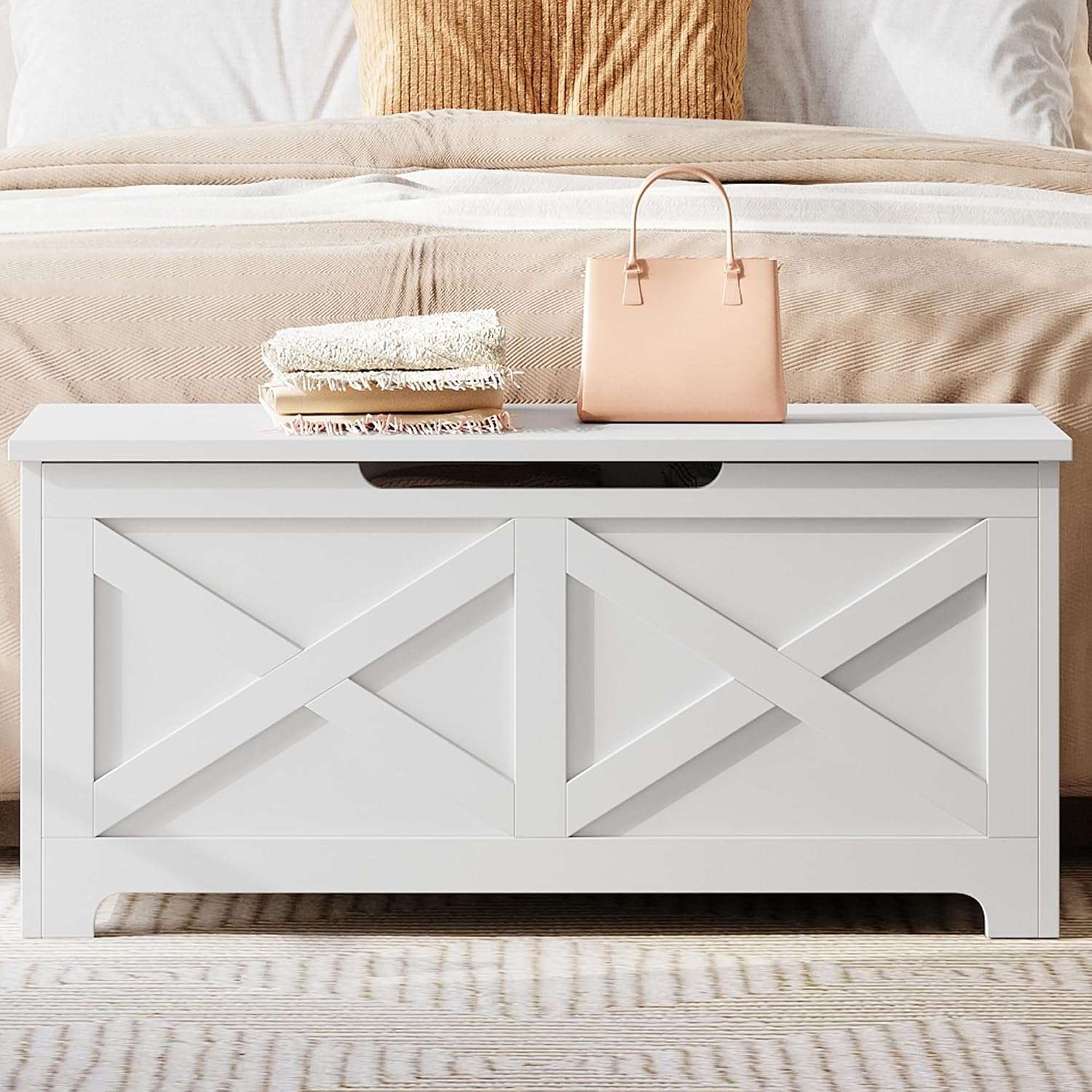 coucheta Storage Chest, Farmhouse Storage Trunk, Wooden Entryway Storage Bench with Safety Hinge and Lift-Top for Entryway, Living Room, White