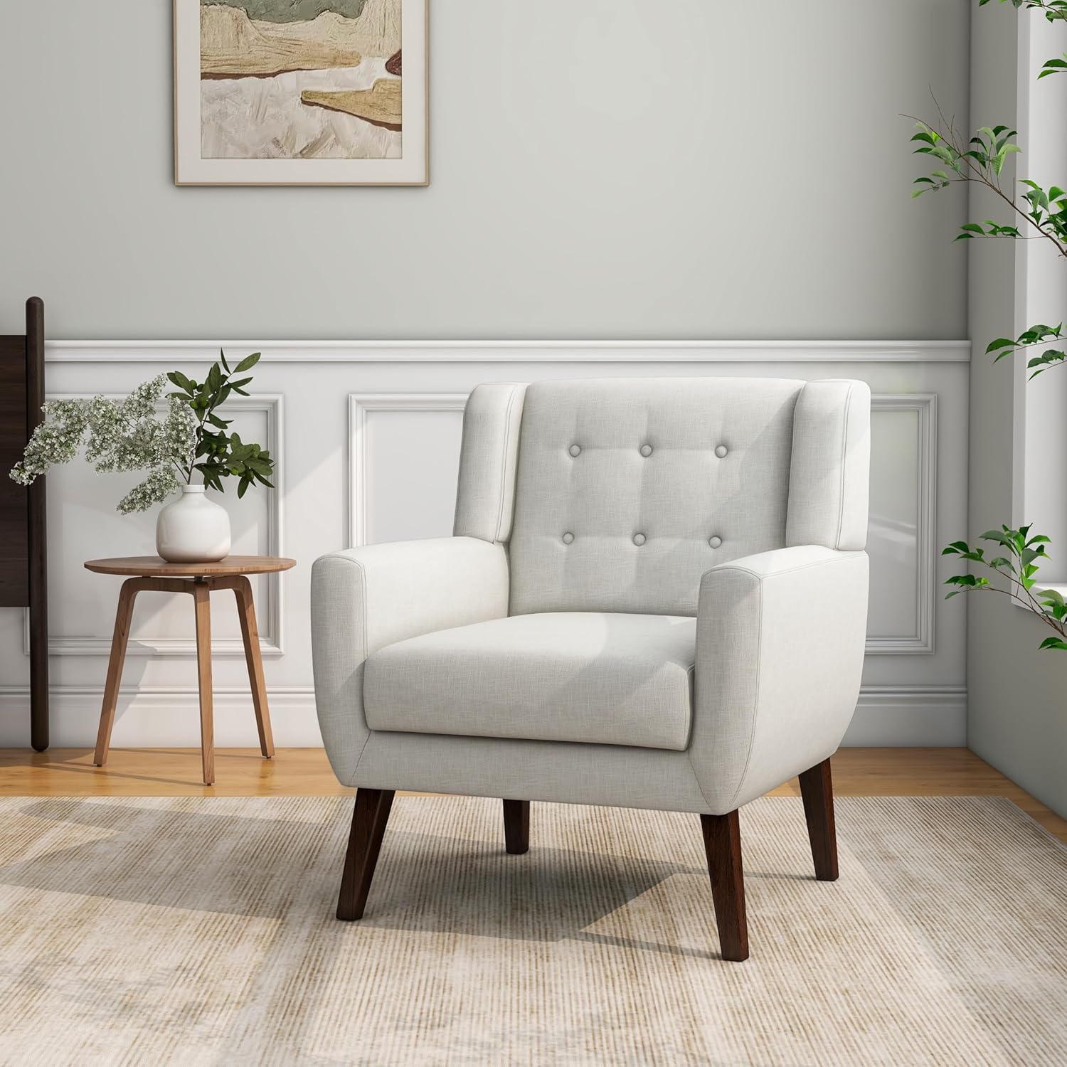 Mid-Century Modern Linen Blend Accent Chair, Beige, Set of 2 | Tufted Button Backrest, 4.5" Plush Seat Cushion, Solid Wood Frame, Easy Assembly, For Living Room Bedroom, & Small Spaces