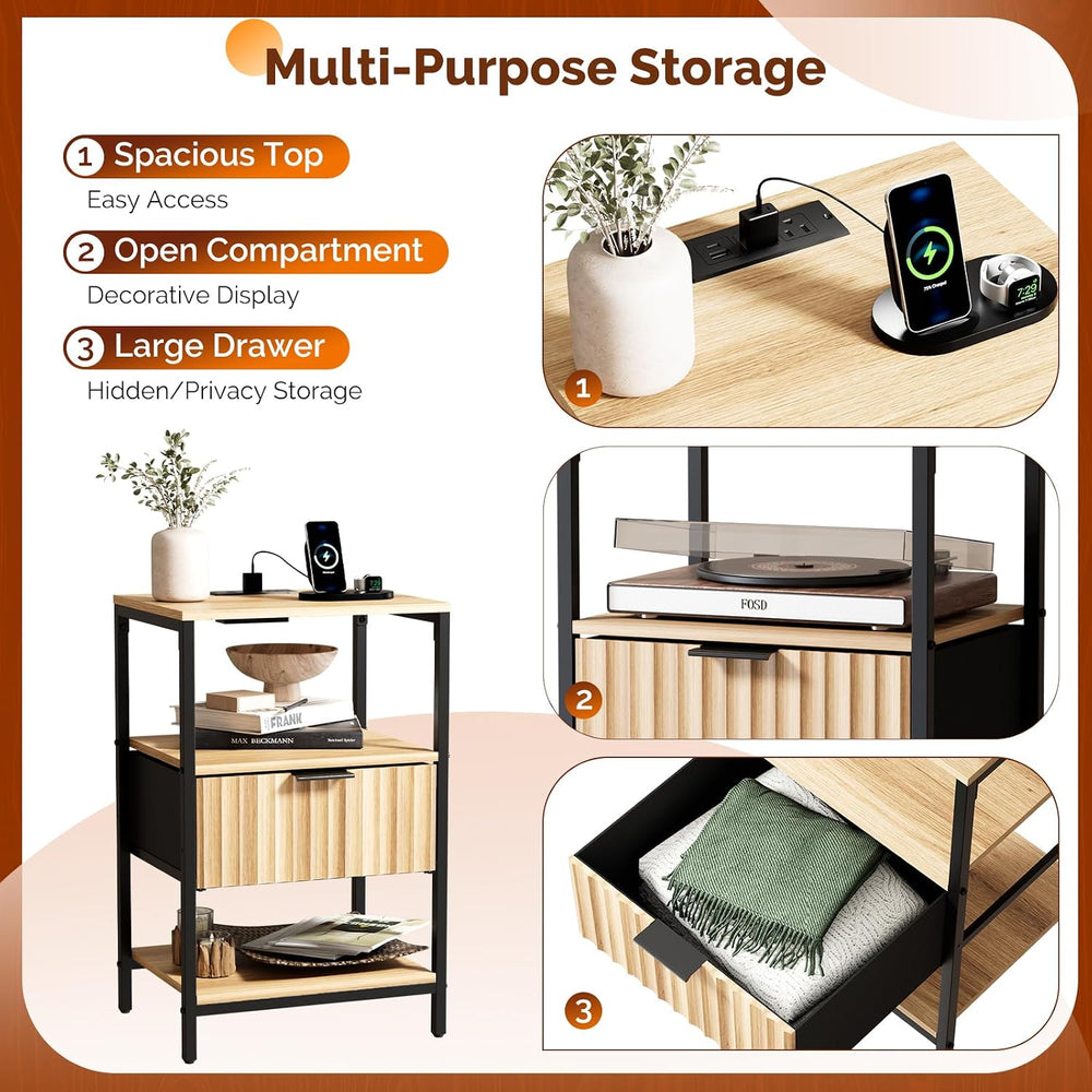 Bonnlo Fluted Nightstand Set of 2, End Table with Fabric Drawer with Charging...