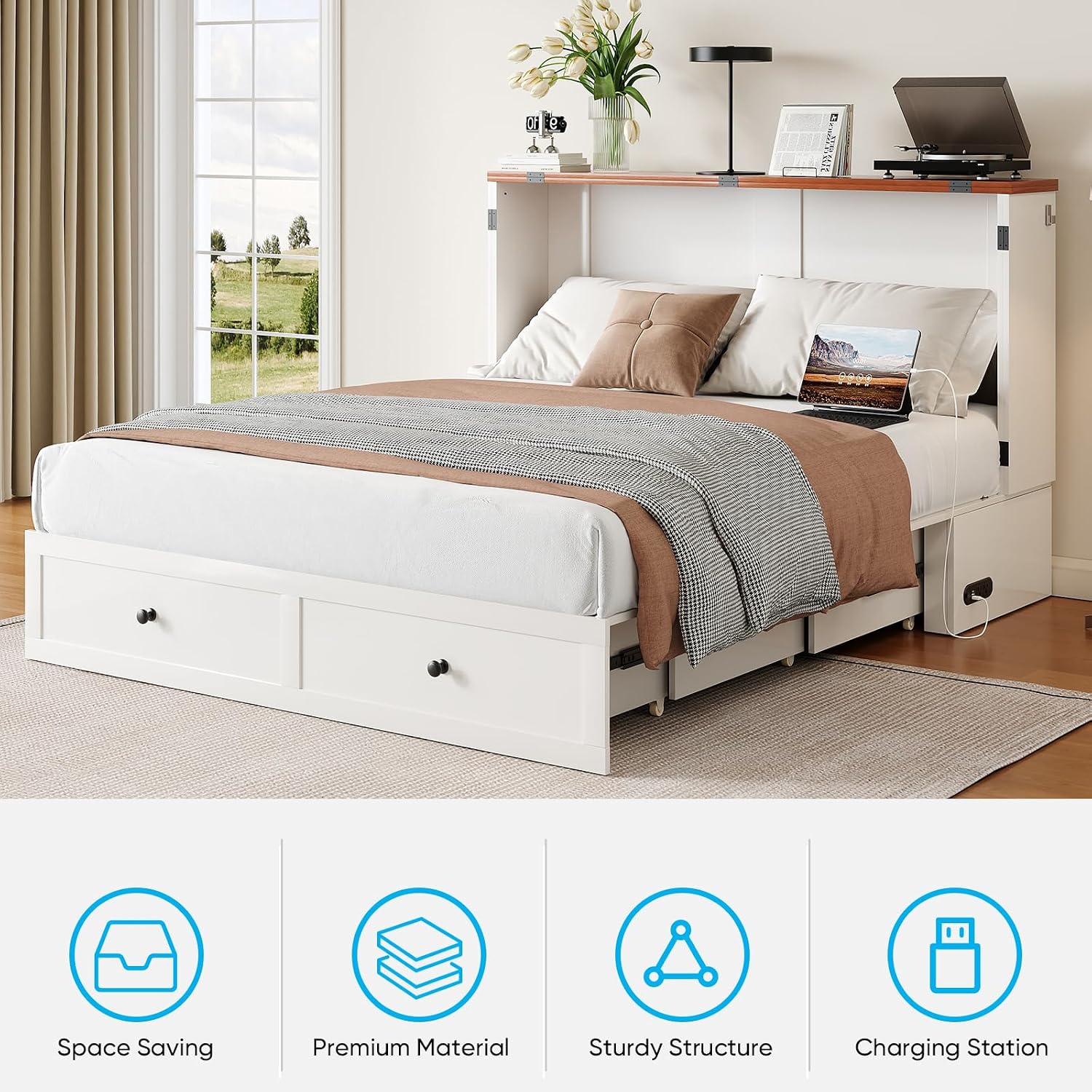 Mjkone Full Murphy Bed Cabinet with Tri-Folding Mattress, Distressed Wooden 57" W Cabinets Wall Chest Beds with Built-in Charging Station & Storage Drawer for Office Guest Bedroom Living Room, White