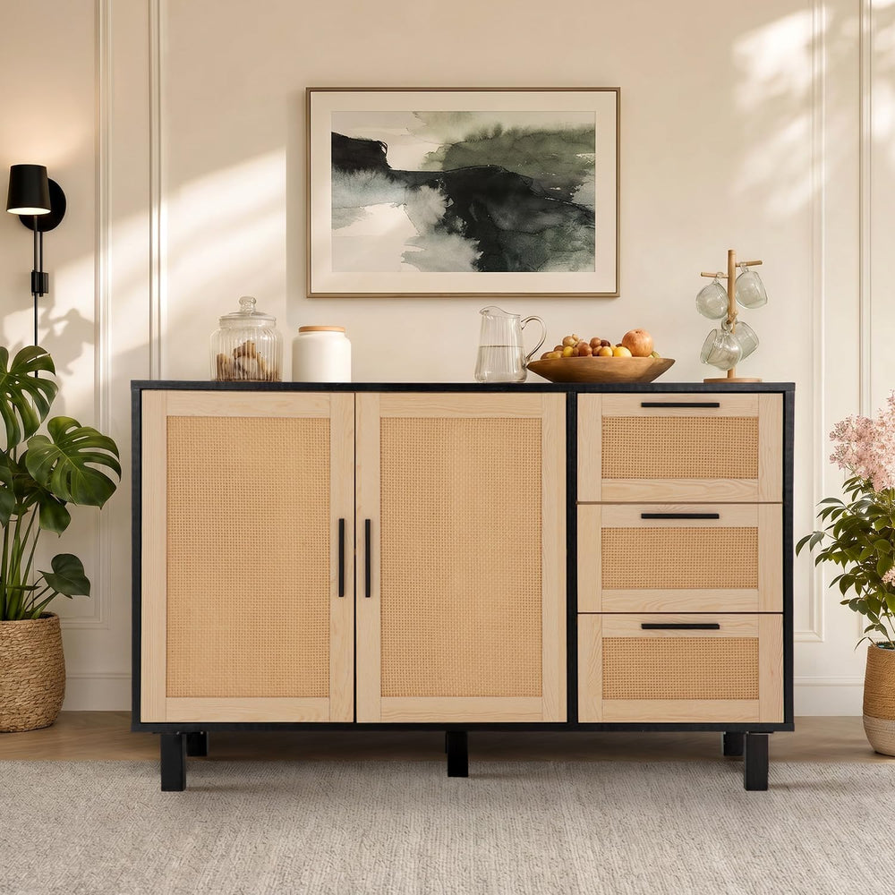 GREEN PARTY 47" Black Rattan Sideboard Buffet Cabinet, Coffee Bar Cabine...