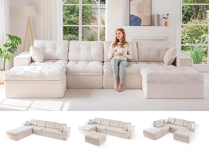 MAXYOYO 132" U Shaped Modular Sectional Sofa with 2 Ottomans, Cloud Boneless Couch with Layered Cushion, Flexible Module Combination Sofa for Living Room, No Assembly Required, Beige