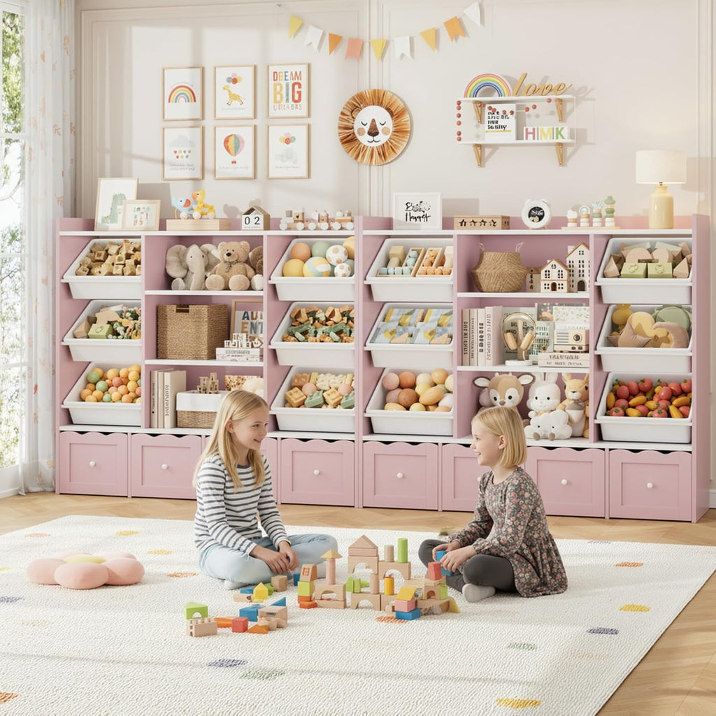 HITHOS 55" W Kids Toy Storage Organizer, Large Toy Box with Bookshelf, Toy Chest with 3 Cubes Storage Organizer, 6 Toy Organizers and Storage Bins, 4 Rolling Drawers for Kids Room, Playroom, Pink