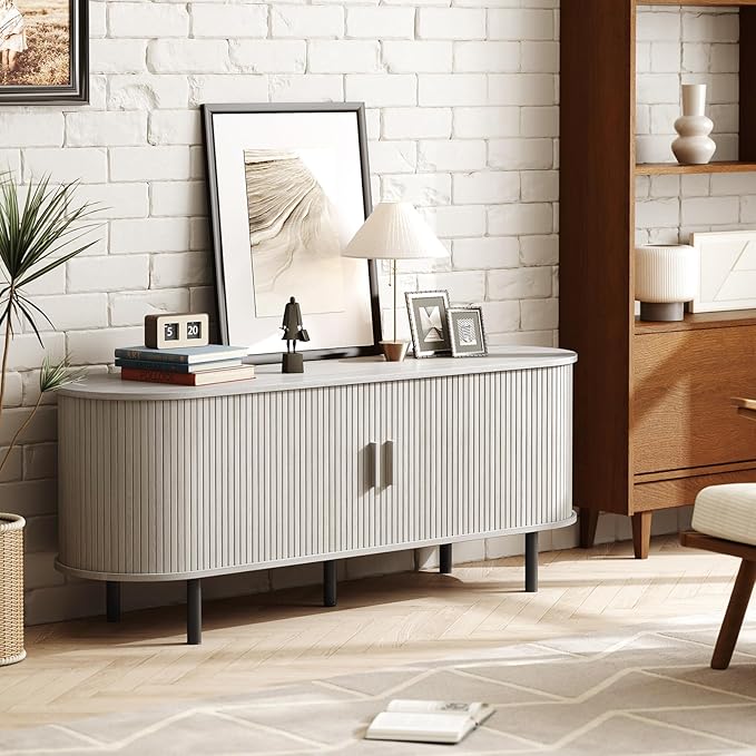 ONBRILL 55" TV Stand with Power Outlet for TVs up to 60 Inch, Entertainment Center with Storage and Adjustable Shelves, Modern Media Console with Sliding Doors for Living Room, Natural White