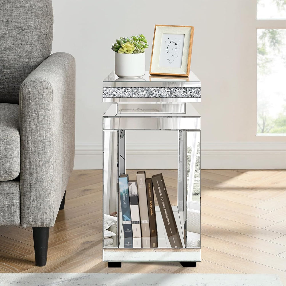 Silver Mirrored End Table, Modern Crushed Diamond Accent Tables, Small Side C...
