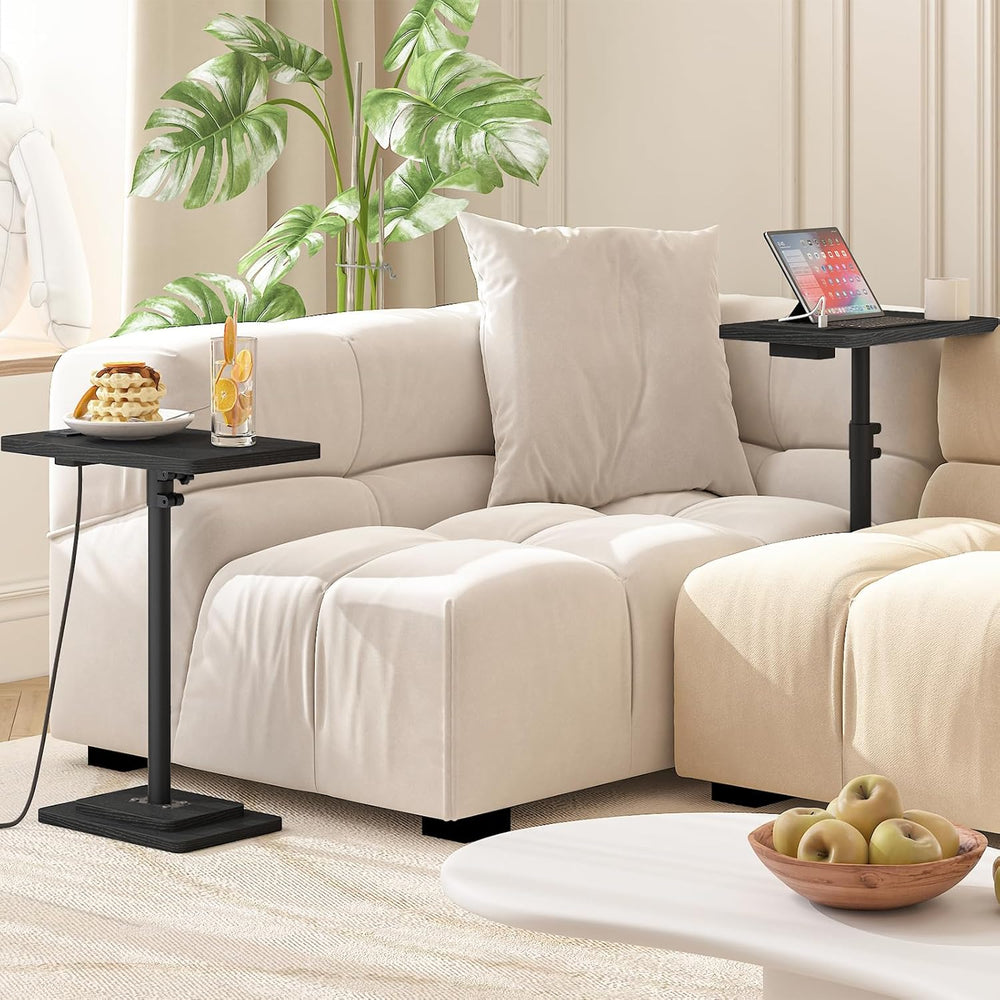HOOBRO Adjustable Height End Table, 360° Swivel Narrow Side Table with Chargi...
