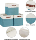 HNZIGE Foldable Storage Cubes & Baskets (3 Pack) - 13 Inch Storage Bin with Leather Handles for Toys, Clothes, Kids, Closet (White & Teal)