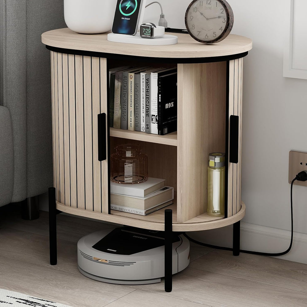 CANMOV Mid Century Modern Side Table,Oval Nightstand with Charging Station &a...