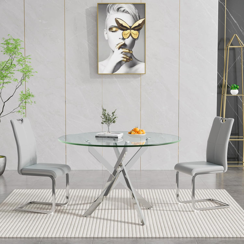47.25 Inch Round Glass Dining Table Set for 2, Modern 3 Piece Dining Room Tab...