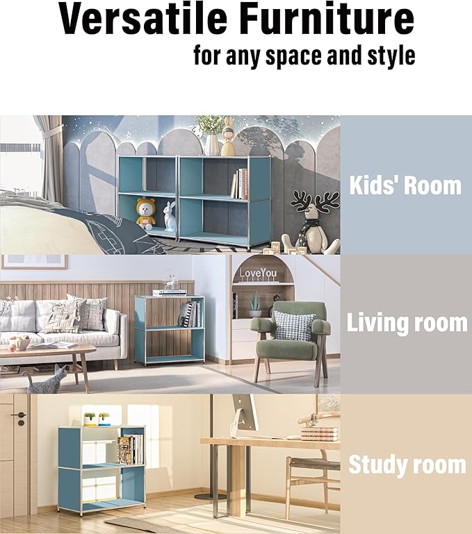 32-Inch 2-Tier Metal Bookcase, Open Shelf Storage Organizer for Living Room, Bedroom, Side Table or Nightstand Use, Modern DIY Assembly, Blue