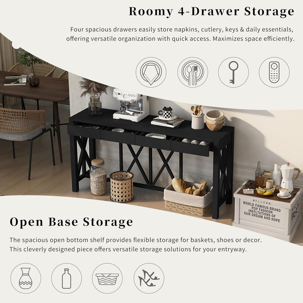 Farmhouse 60'' Console Table Sofa Table with 4 Spacious Drawers and O...