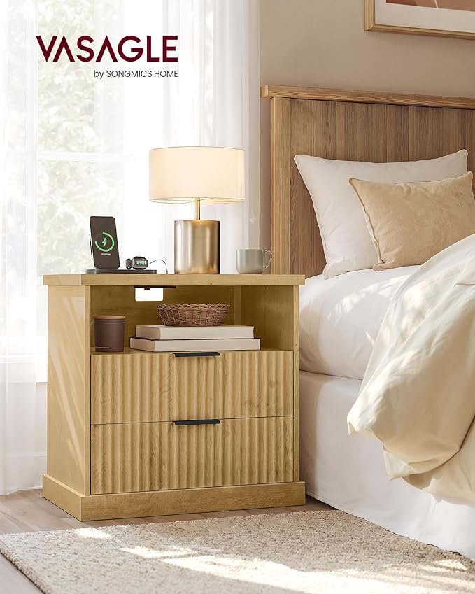 VASAGLE MAXE Collection - Nightstand with Charging Station, Bedside Table, Si...