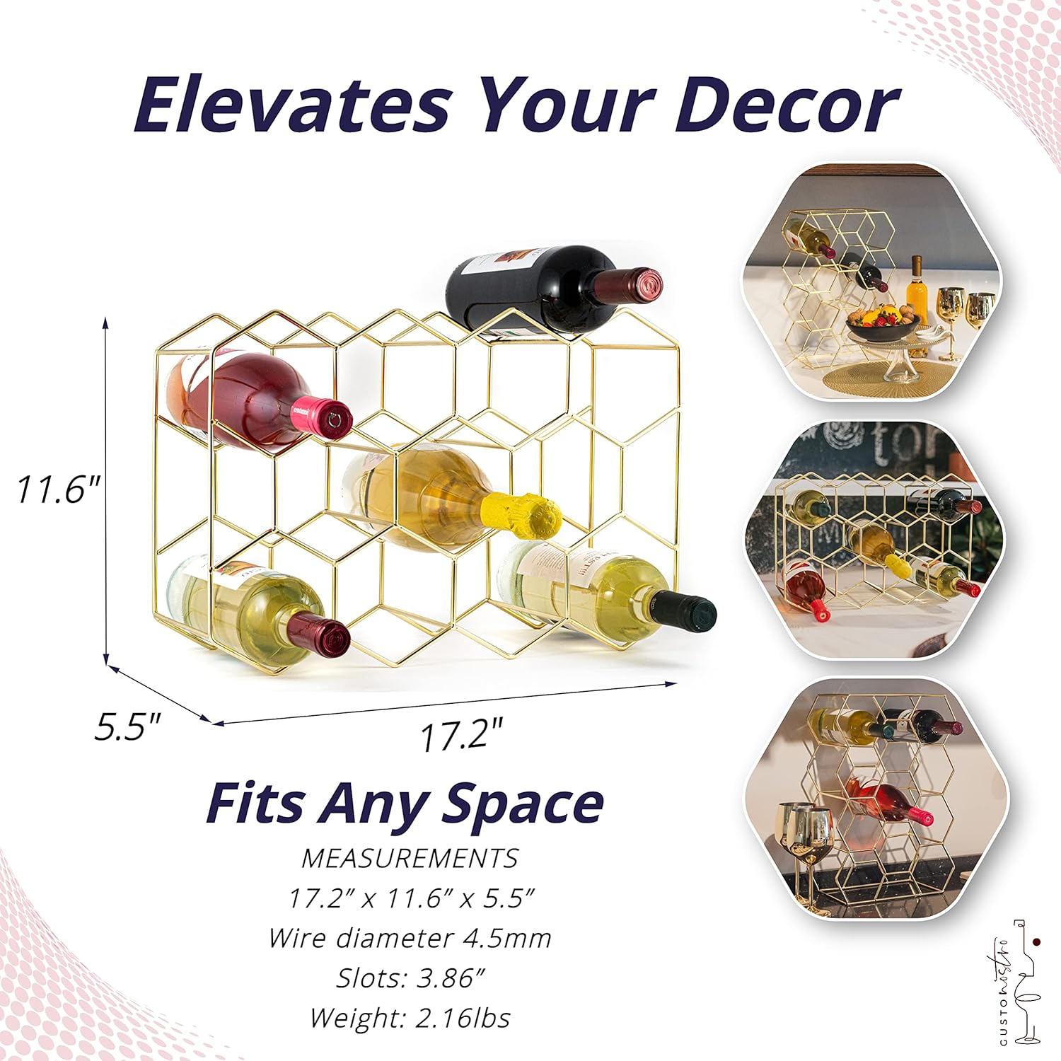 Gusto Nostro Countertop Wine Rack - 14 Bottle Freestanding Modern Gold Metal Small Wine Rack - 3 Tier Tabletop Wine Holder Stand for Cabinet, Pantry, Wine Bottle Storage - No Assembly Required