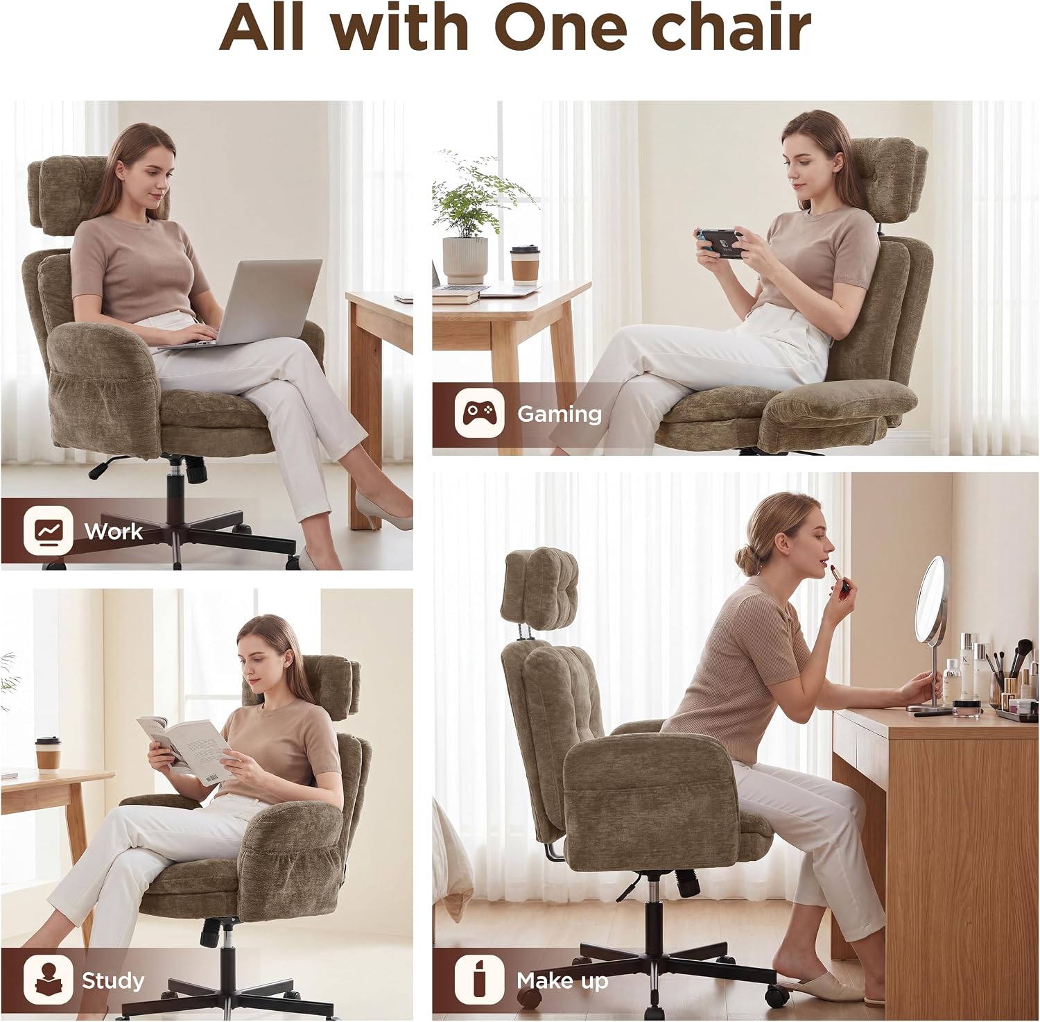 FiveWillowise Criss Cross Chair with Adjustable Arms&Hight Back,Thicken Wide Seat Home Office Chair,Lounge Makeup Vanity Chairs with Side Pockets,Comfy Cross Legged Desk Chair,Chenille Brown