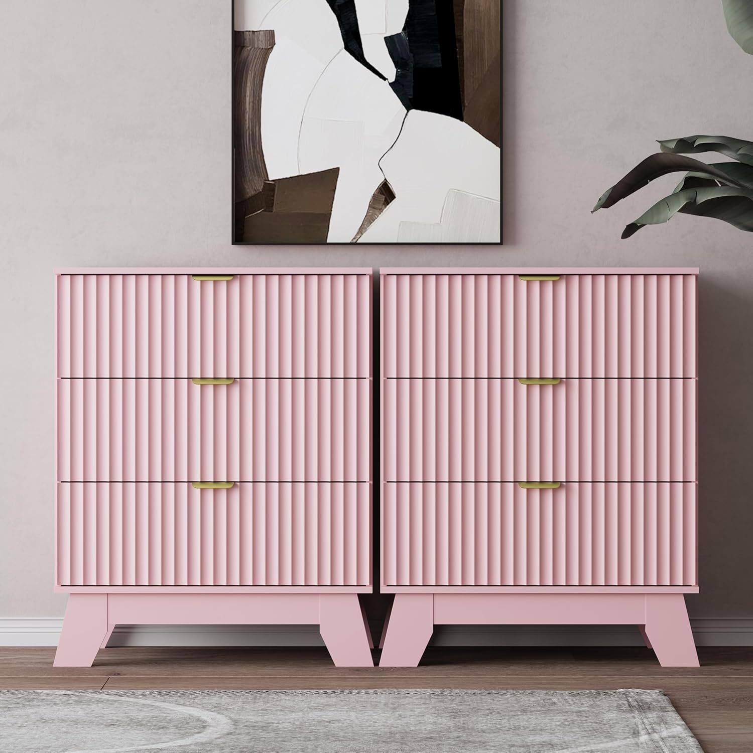 Pink Night Stand with 3 Drawers, Bedside Table & End Table, 24" Wide Mid Century Modern Fluted Wood Nightstand with Metal Handles, Farmhouse Night Stands for Bedroom