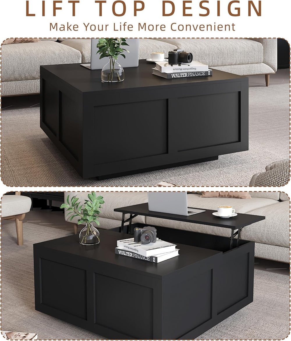 HedoAjim Lift Top Coffee Table with Storage, 31.5" Square Black Table