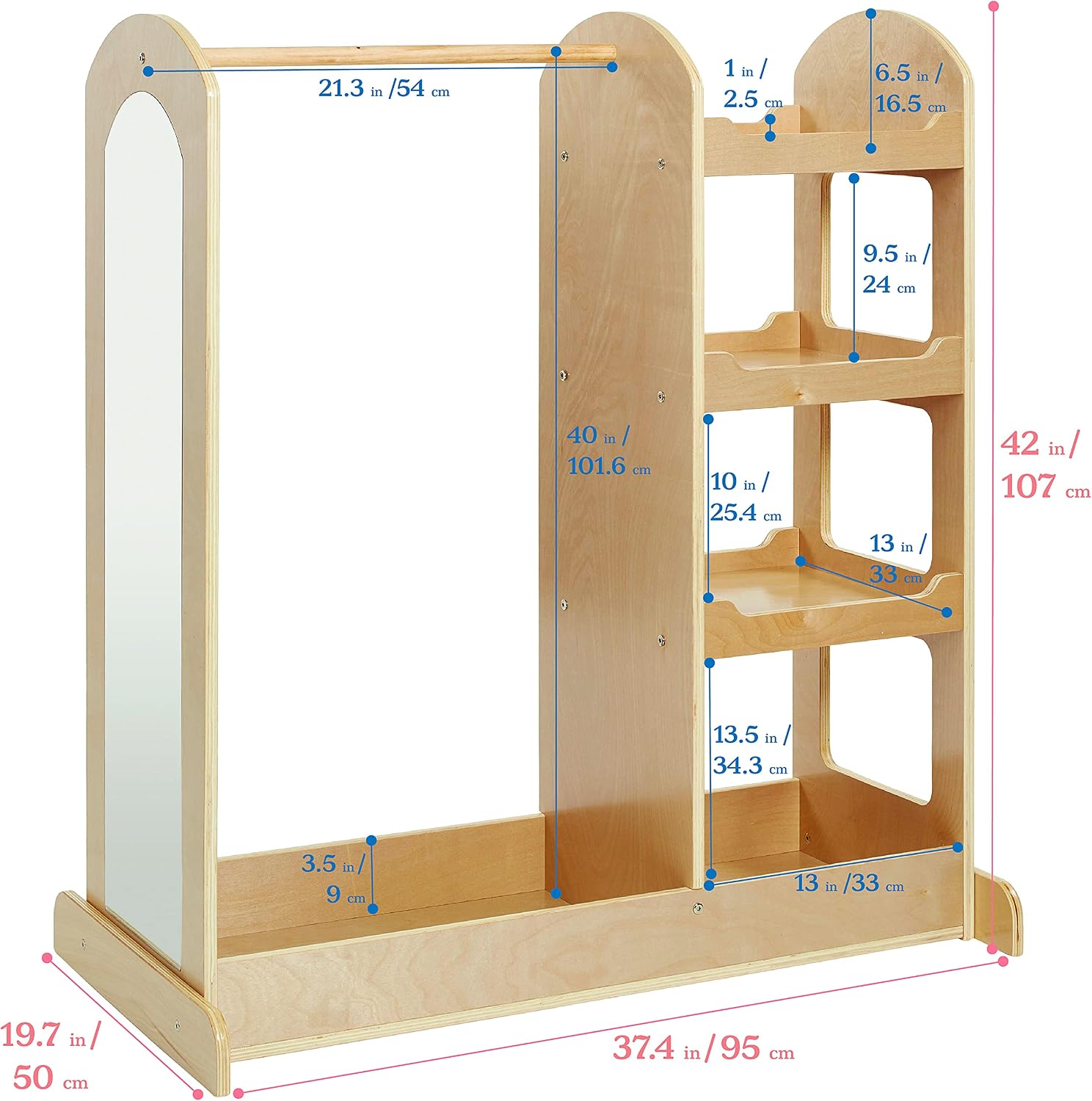 ECR4Kids Dress-Up Center with Mirror, Costume Organizer, Montessori Furniture, Natural