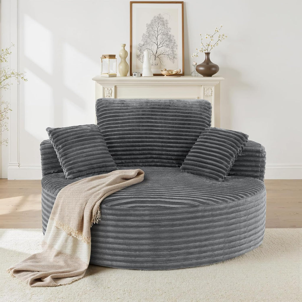 55''W 3.5CM Corduroy Single Foam Sofa, Oversized Round Chair with Pillows, Modern Sleeper for Living Rooms, Lounges, Nurseries and Projection Rooms, Wide-Arm Lounge Chair Armchair, Dark Grey