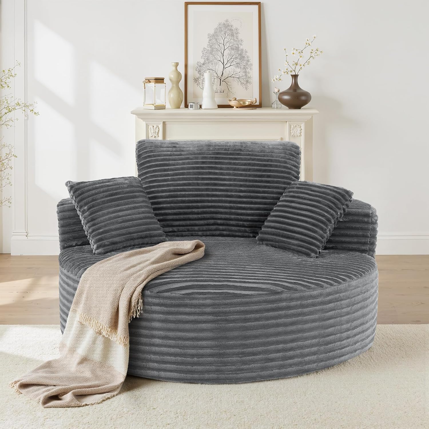 55''W 3.5CM Corduroy Single Foam Sofa, Oversized Round Chair with Pillows, Modern Sleeper for Living Rooms, Lounges, Nurseries and Projection Rooms, Wide-Arm Lounge Chair Armchair, Dark Grey