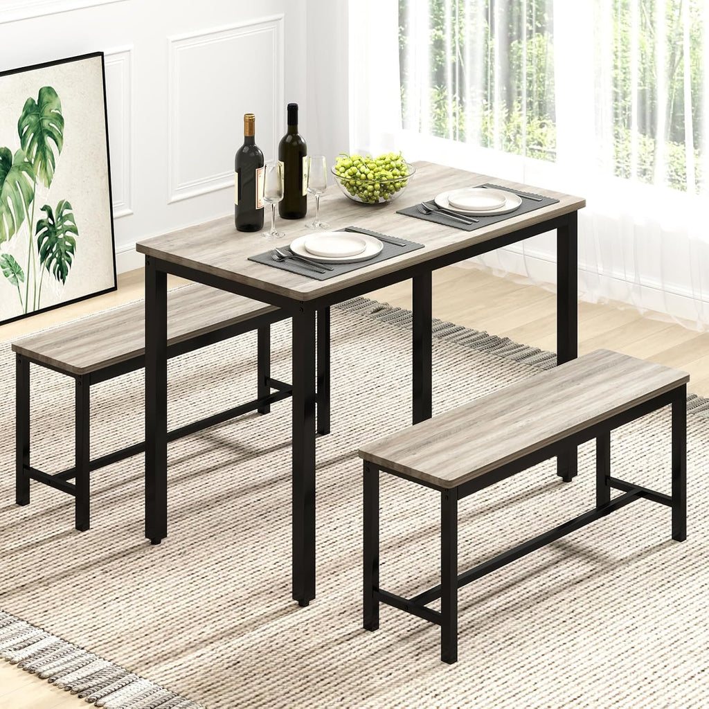 Rovibek 43" Dining Table Benches Set for 4, Modern Space Saving Kitchen Table Chairs & Adjustable Feet Breakfast Table 2 Benches, Wooden Industrial Style Farmhouse, Light Grey