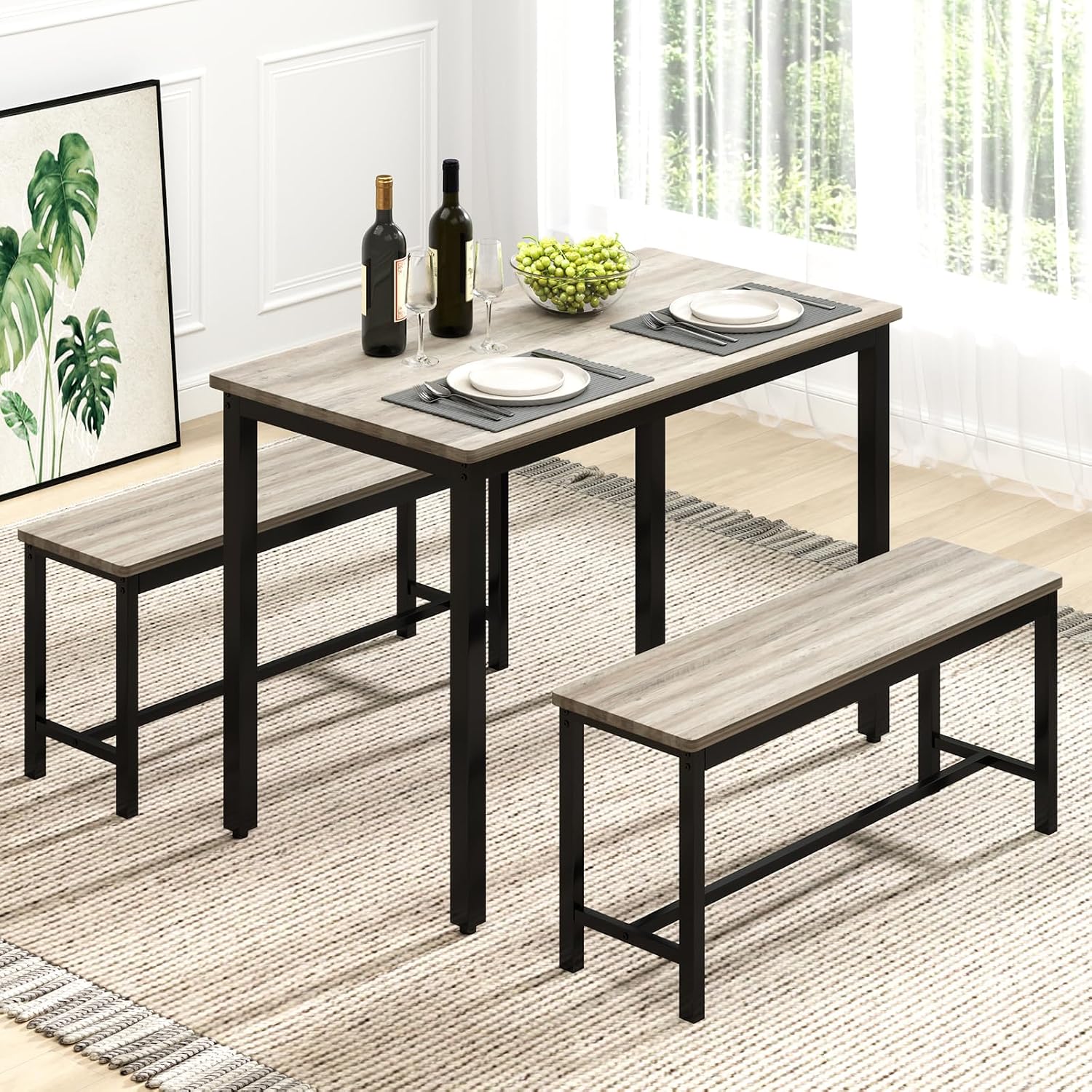 Rovibek 43" Dining Table Benches Set for 4, Modern Space Saving Kitchen Table Chairs & Adjustable Feet Breakfast Table 2 Benches, Wooden Industrial Style Farmhouse, Light Grey