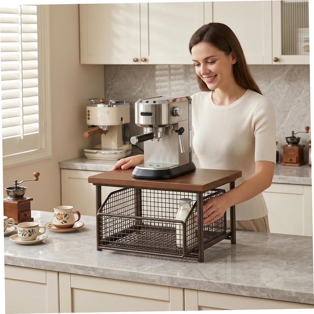 14.6x9.8x7.1 Inch Sturdy Metal Coffee Station Organizer with Drawer & Woo...