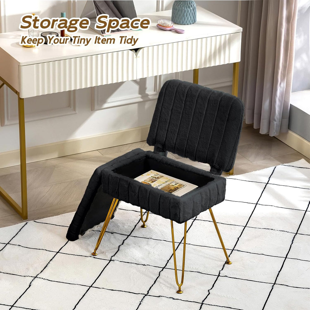 Vanity Chair with Storage | Comfy Ottoman with Folding Back | Faux Fur Vanity...