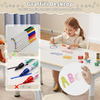 DOREROOM Kids Table and 2 Chairs Set, Height-Adjustable Toddler Table and Chair Set with Graffiti Desktop, 31.5''L x 23.6''W Children Activity Table for Daycare, Classroom, Home