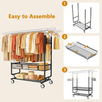 Heavy Duty Clothes Rack with Metal Basket, 720 LBS Rolling Double Rod Garment Rack, Portable Extendable Clothing Rack with Wheel for Bedroom, Laundry Room & Retail Store