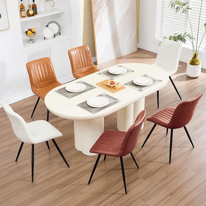 Dining Chairs Set of 8, Modern Dining Chairs with Thick Cushions, PU Leather Upholstered Kitchen Dining Room Chairs with Metal Legs for Dining Living Room (Reddish Brown)