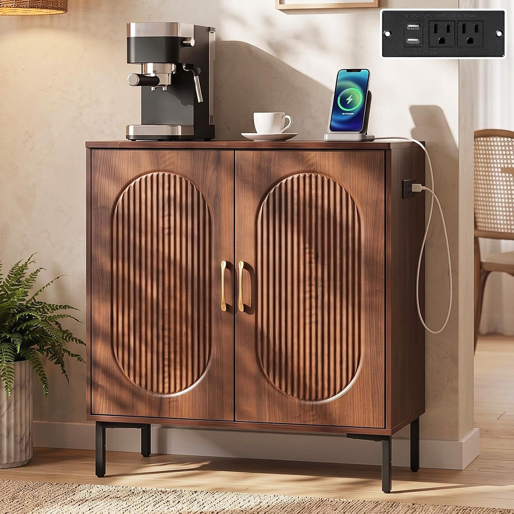 Fluted Buffet Cabinet with Charging Station and 2 Doors