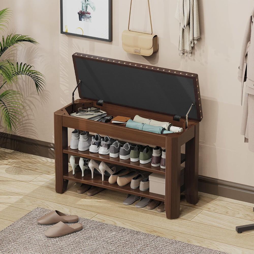Shoe Bench for Entryway, Solid Rubberwood Shoe Bench with Hidden Storage, Adj...