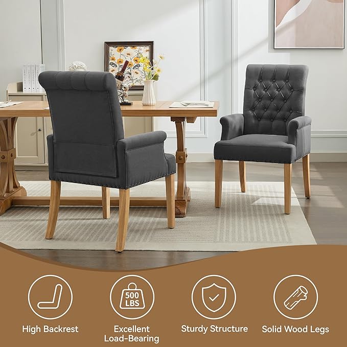 Fabric Dining Chair with Arms, Upholstered Tufted High Back Dining Room Chair...
