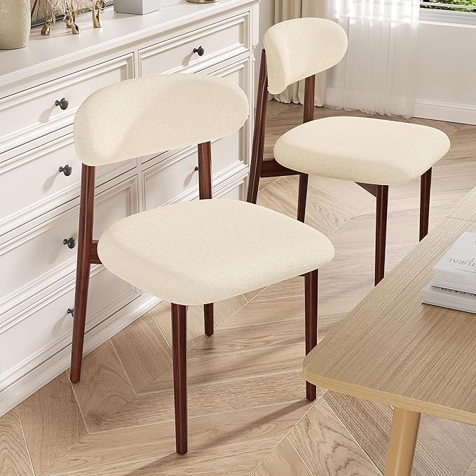 Wooden Dining Chair Set of 4, Modern Dining Chairs with with Curved Back, Linen Fabric Upholstered Kitchen Room Chairs with Adjustable Legs for Farmhouse Dining Living Room,Beige