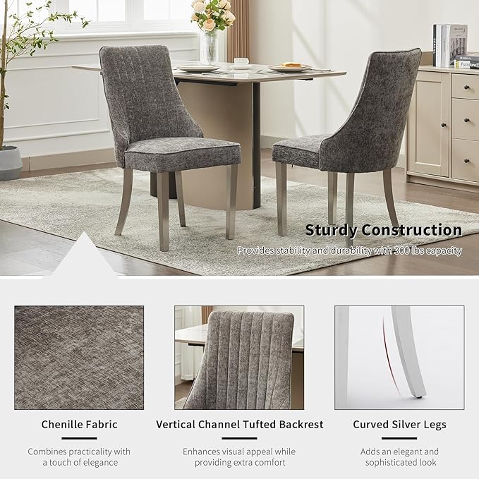 Grey Mid Century Dining Chairs Set of 6, Modern Kitchen & Dining Room Chairs Set of 6, Chenille Fabric Upholstered Kitchen Chairs, Sillas de Comedor, Silver Legs (Gray, 6 Pcs)
