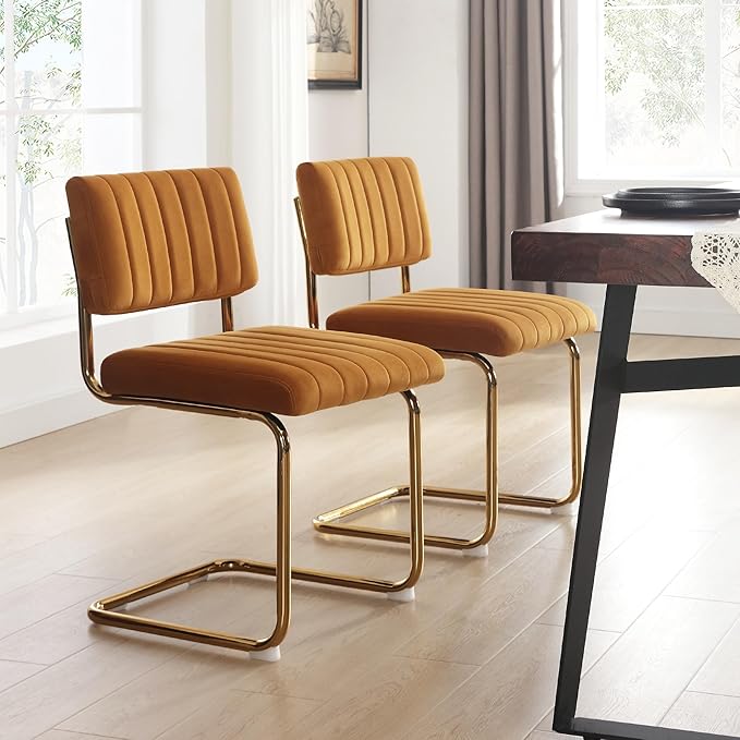 ONEVOG Orange Velvet Dining Chairs Set of 4, Upholstered Kitchen Dining Room Chairs, Comfy Chair with Gold Metal Legs, Cantilevered Design Chair for Bedroom, Living Room