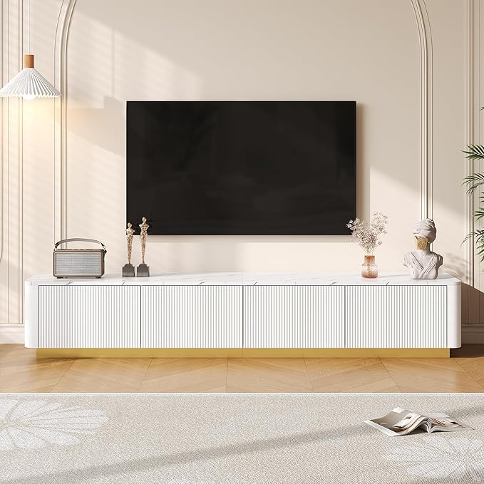 Ball & Cast Luxury Fluted TV Stand with 4 Drawers for TVs up to 85", Modern Media Console w/Faux Marble Tabletop and Gold Base, Curved Profile Design,Entertainment Center for Living Room,White
