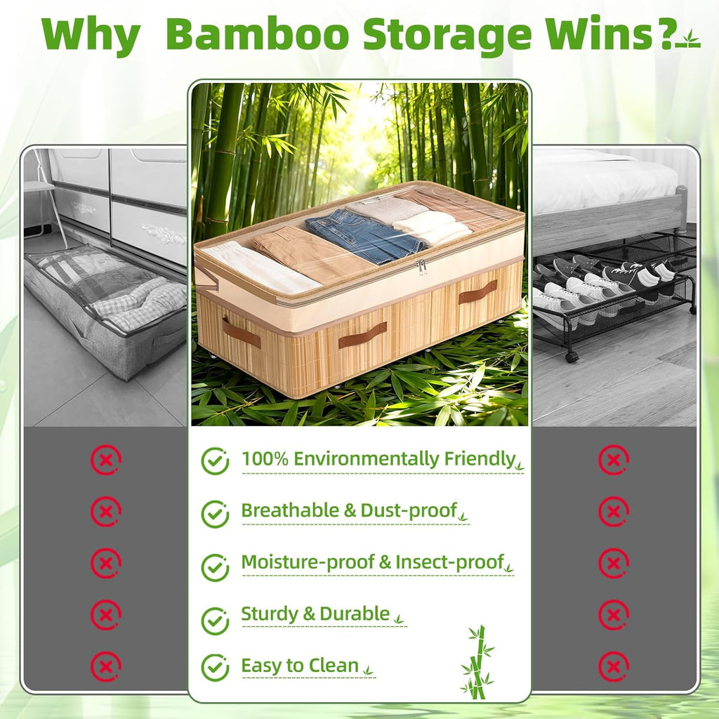 Livole 2 Pack Bamboo Under Bed Storage with Wheels, 6-10 inches Height Adjustable Underbed Storage Containers, 92L XXXL Large Rolling Under Bed Storage Bins for Clothes, Blankets, Sweater, Shoes