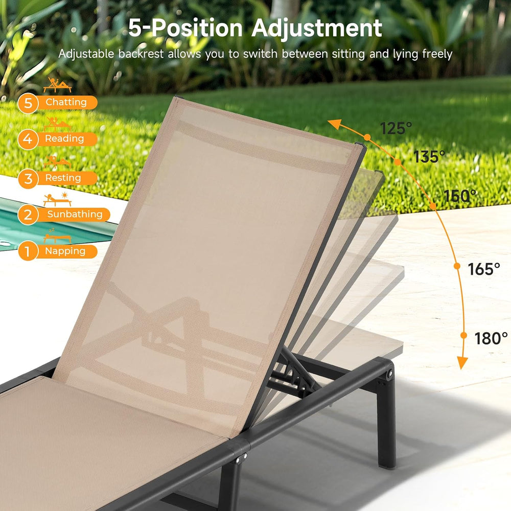 Aluminum Chaise Lounge Chair Outdoor for Outside Poolside, 1PC, Khaki