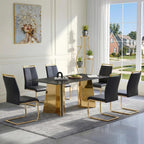 TesNus 7 Pieces Dining Table Set,63" Marble Kitchen Room Table with 6 Black Chairs,Rectangle Sintered Stone Top with Gold Legs,Large Dinner Table Set for 6 Person for Kitchen Dining Room