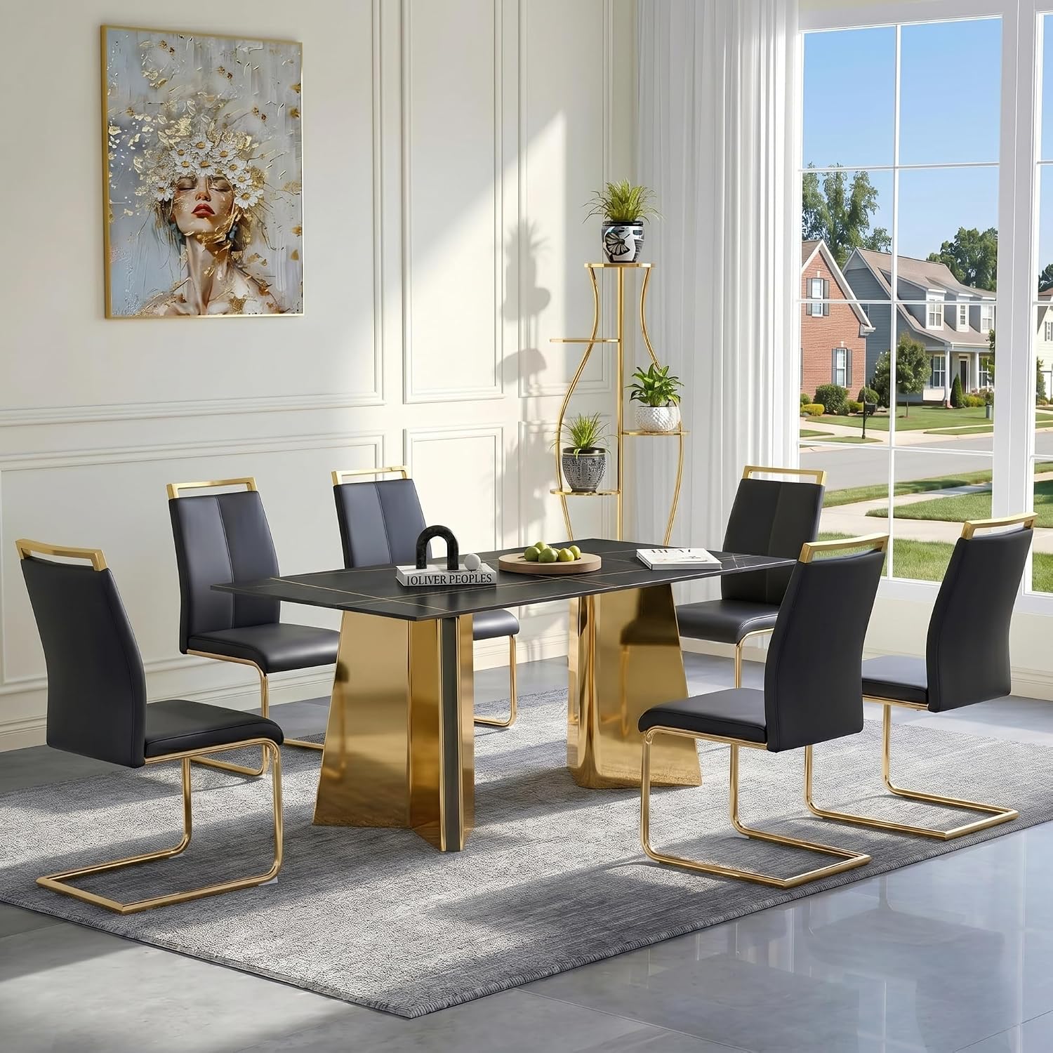 TesNus 7 Pieces Dining Table Set,63" Marble Kitchen Room Table with 6 Black Chairs,Rectangle Sintered Stone Top with Gold Legs,Large Dinner Table Set for 6 Person for Kitchen Dining Room
